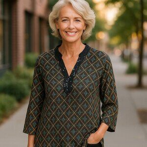 Jaclyn Smith Satin Blouse Women's Size Large Black Brown Teal 3/4 Sleeve Sequin